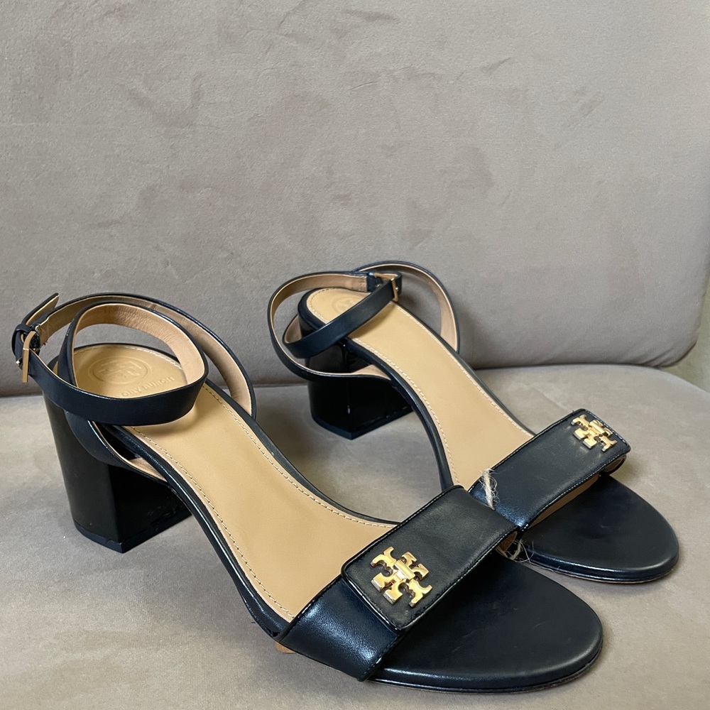 Tory Burch Black and Tan Block Heel Sandals